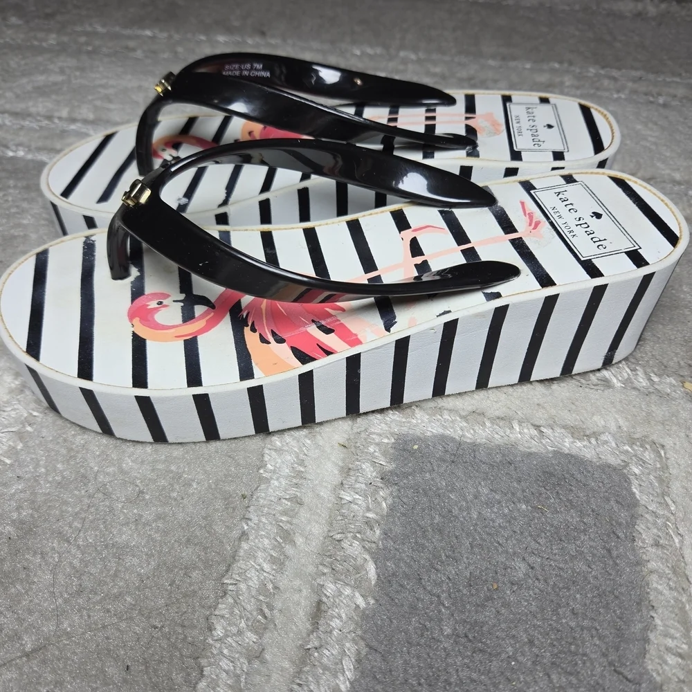 kate spade Black Striped Flip Flops with Pink Flamingo Print